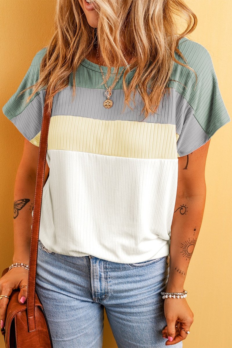 Color Block Round Neck Short Sleeve T-Shirt - Top