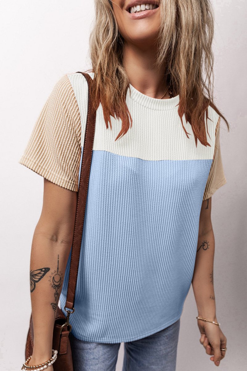 Color Block Round Neck Short Sleeve T-Shirt - Top