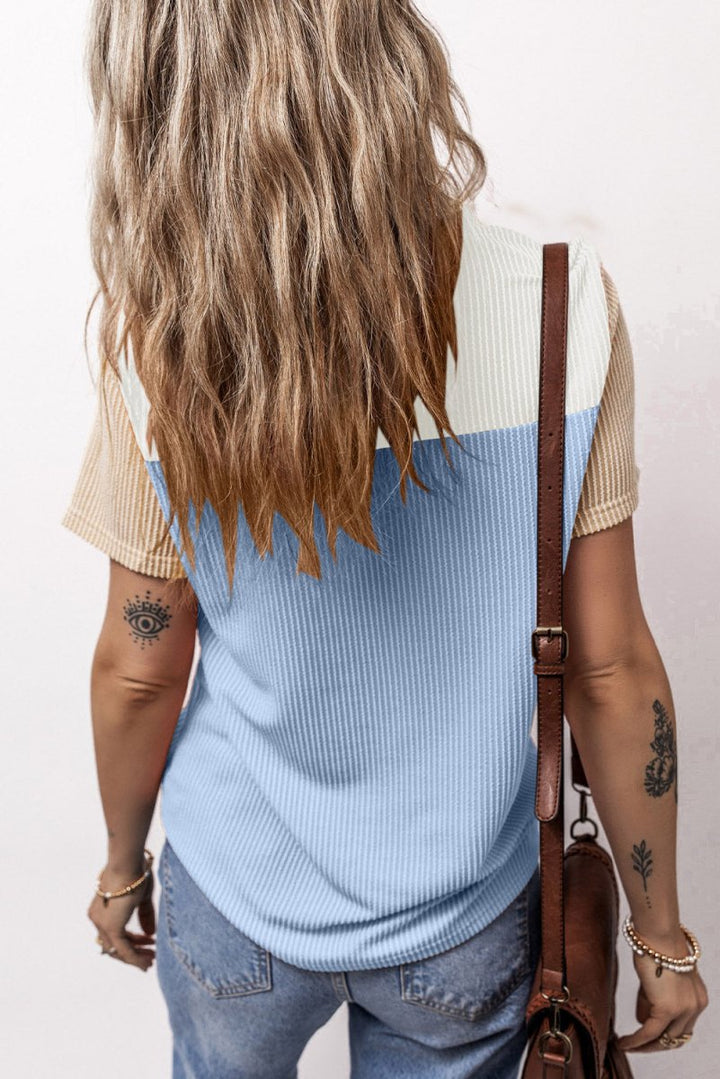 Color Block Round Neck Short Sleeve T-Shirt - Top