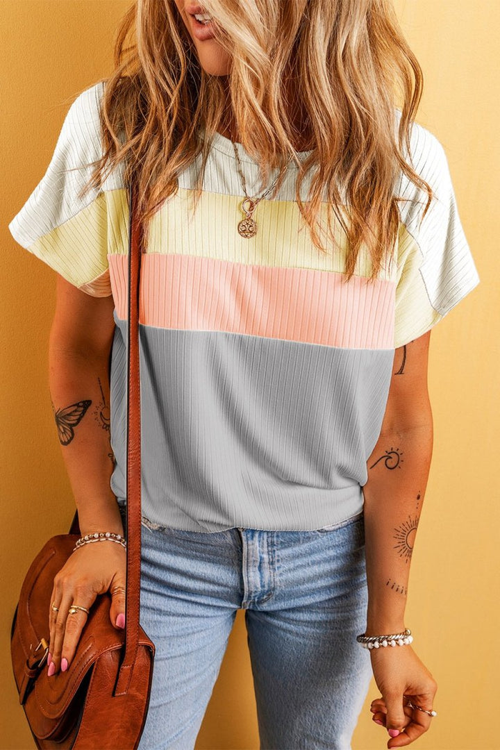 Color Block Round Neck Short Sleeve T-Shirt - Top