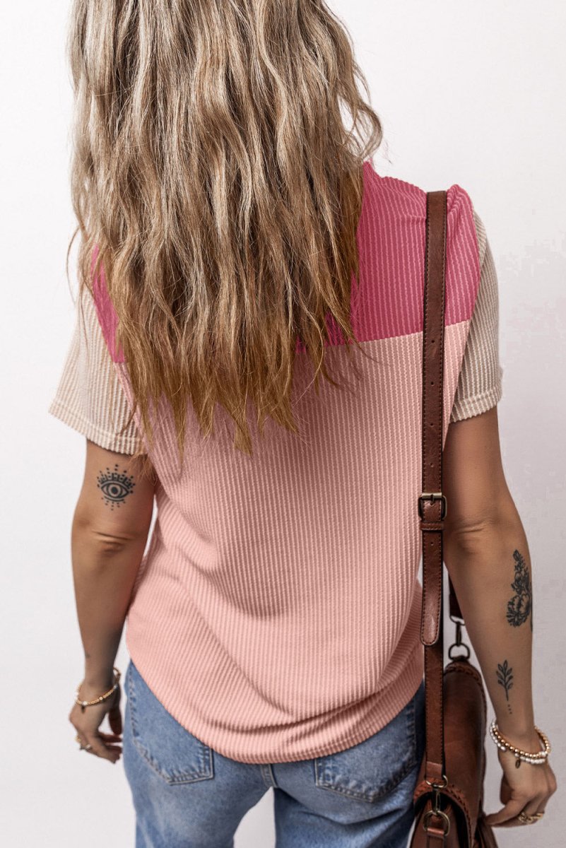 Color Block Round Neck Short Sleeve T-Shirt - Top