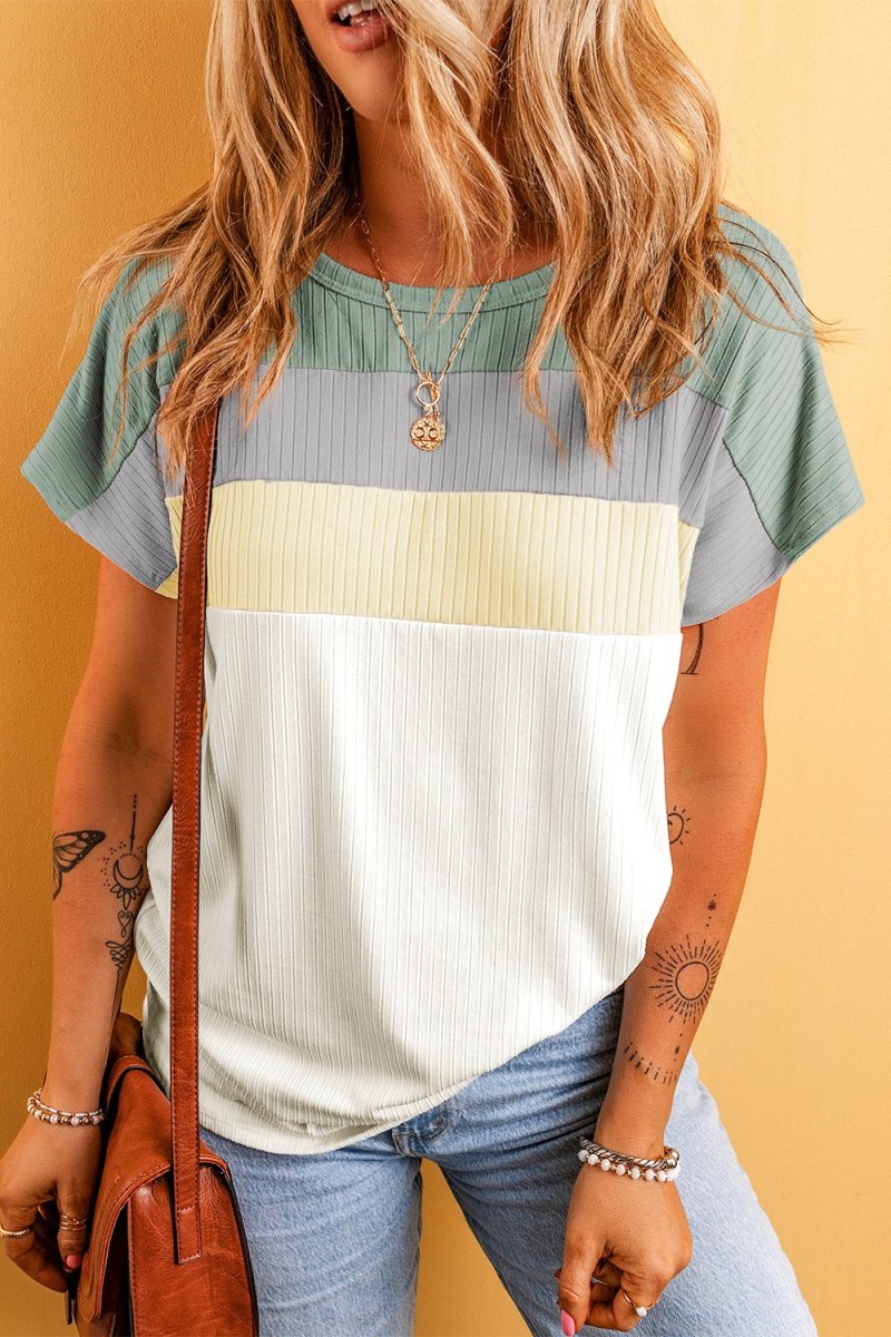 Color Block Round Neck Short Sleeve T-Shirt - Top