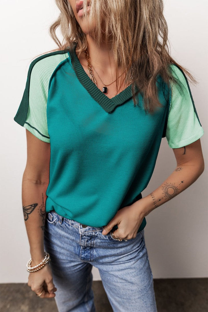 Color Block V - Neck Short Sleeve T-Shirt - Top