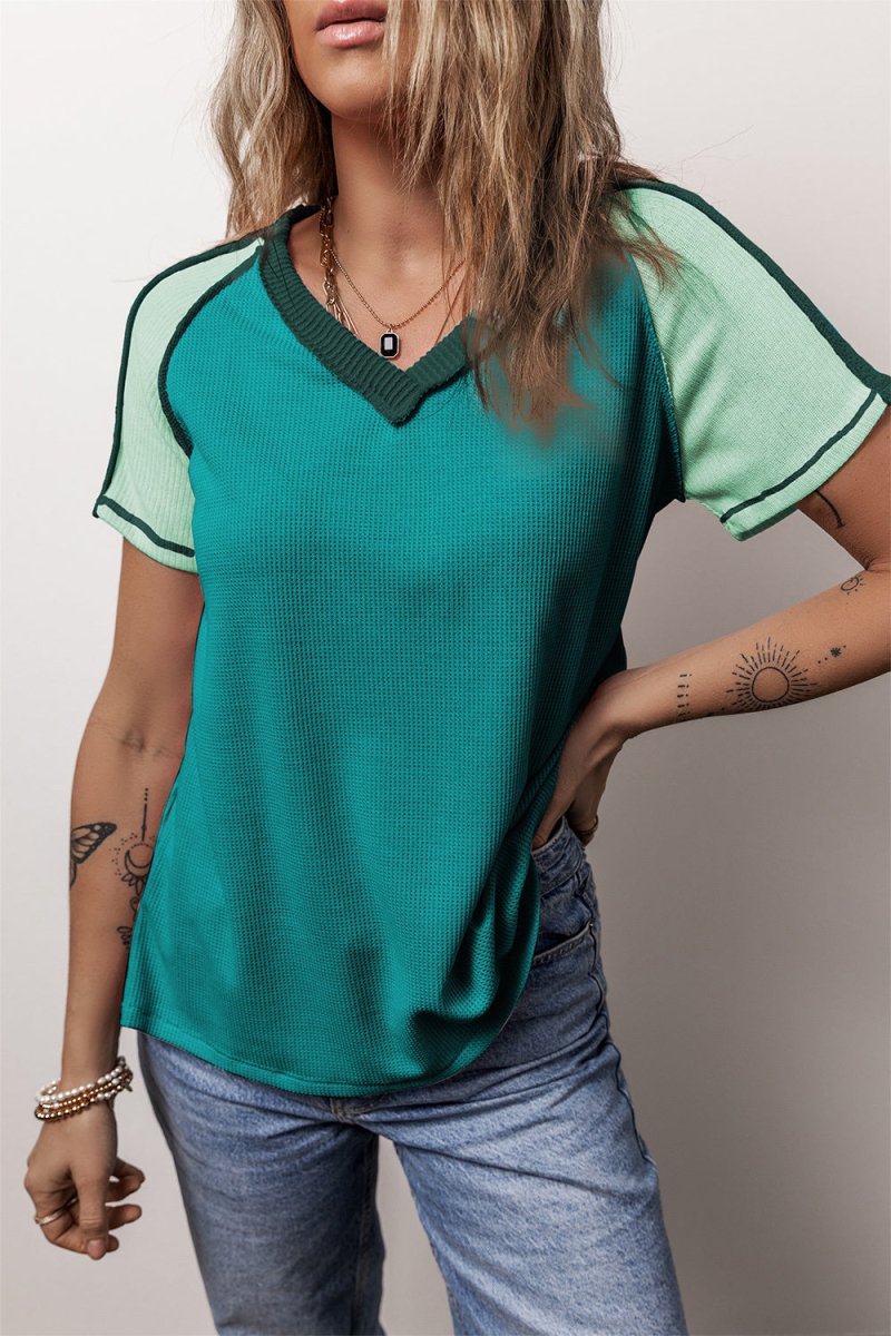 Color Block V - Neck Short Sleeve T-Shirt - Top