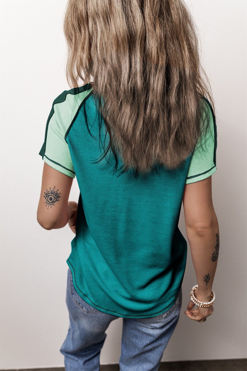 Color Block V - Neck Short Sleeve T-Shirt - Top