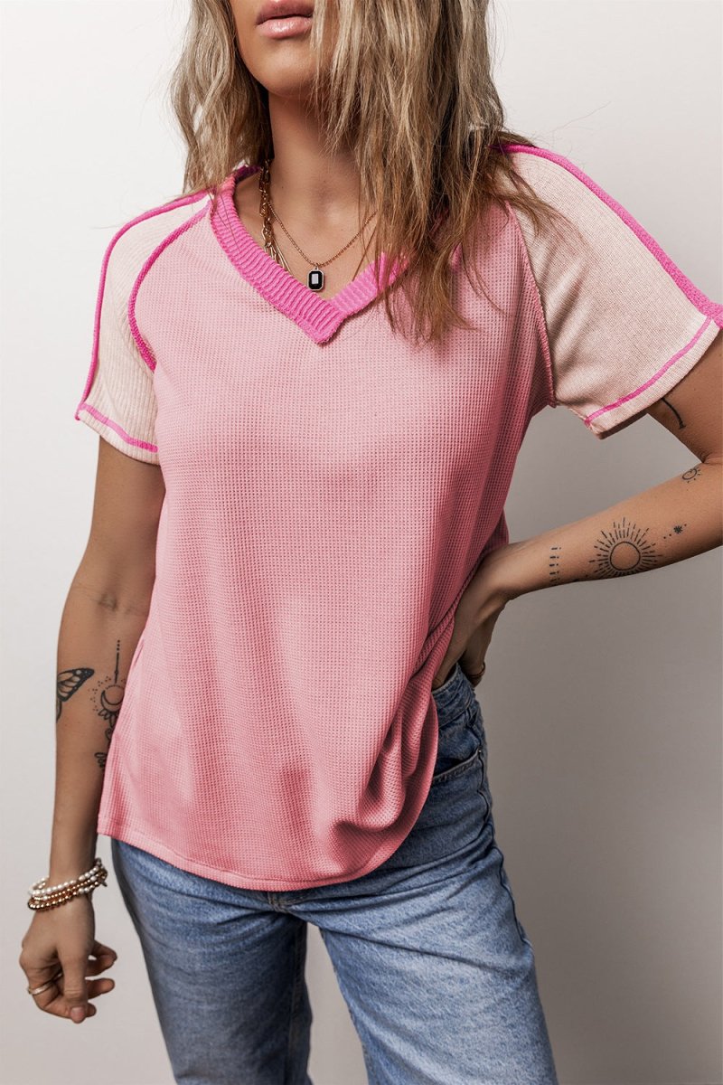 Color Block V - Neck Short Sleeve T-Shirt - Top