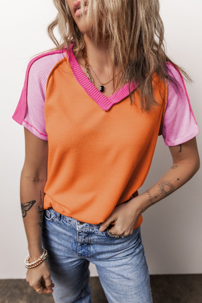 Color Block V - Neck Short Sleeve T-Shirt - Top