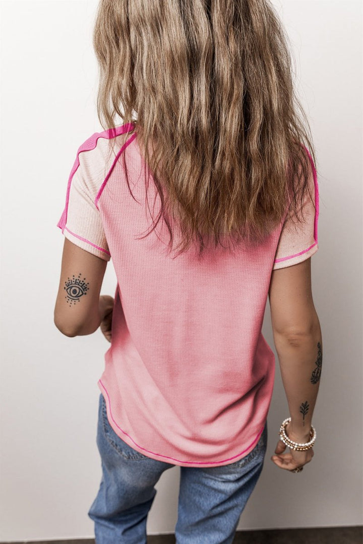 Color Block V - Neck Short Sleeve T-Shirt - Top