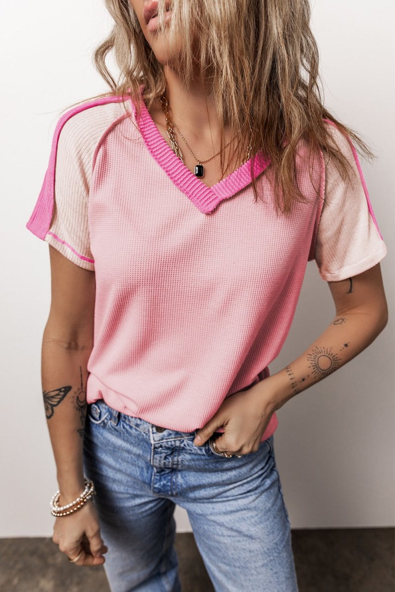 Color Block V - Neck Short Sleeve T-Shirt - Top