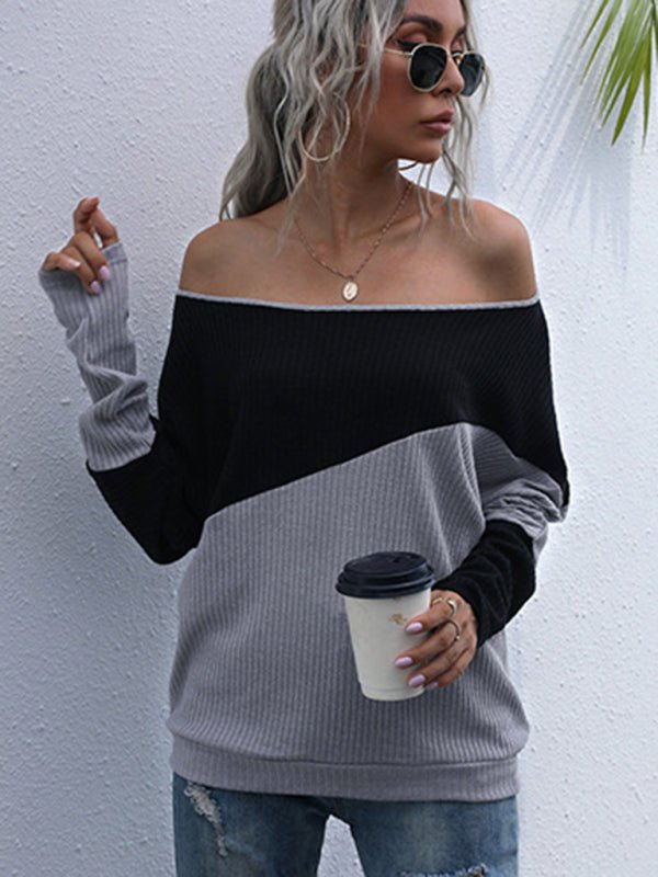 Colorblock Long Sleeve Knit Loose Off Shoulder One Shoulder Top - Outerwear