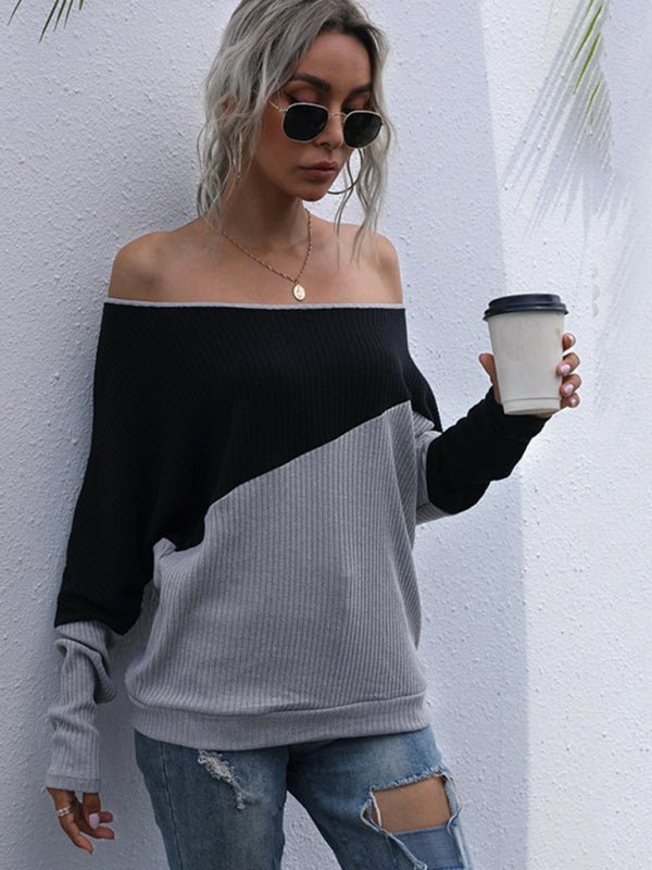 Colorblock Long Sleeve Knit Loose Off Shoulder One Shoulder Top - Outerwear