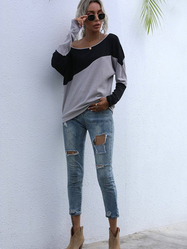 Colorblock Long Sleeve Knit Loose Off Shoulder One Shoulder Top - Outerwear