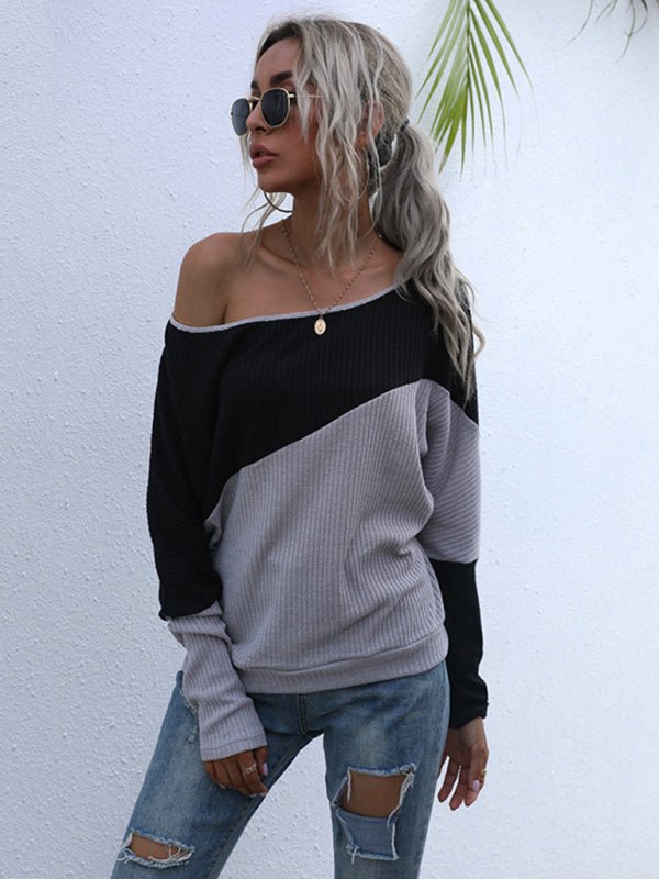 Colorblock Long Sleeve Knit Loose Off Shoulder One Shoulder Top - Outerwear