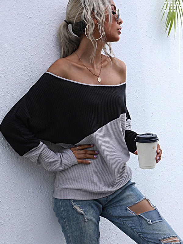 Colorblock Long Sleeve Knit Loose Off Shoulder One Shoulder Top - Outerwear