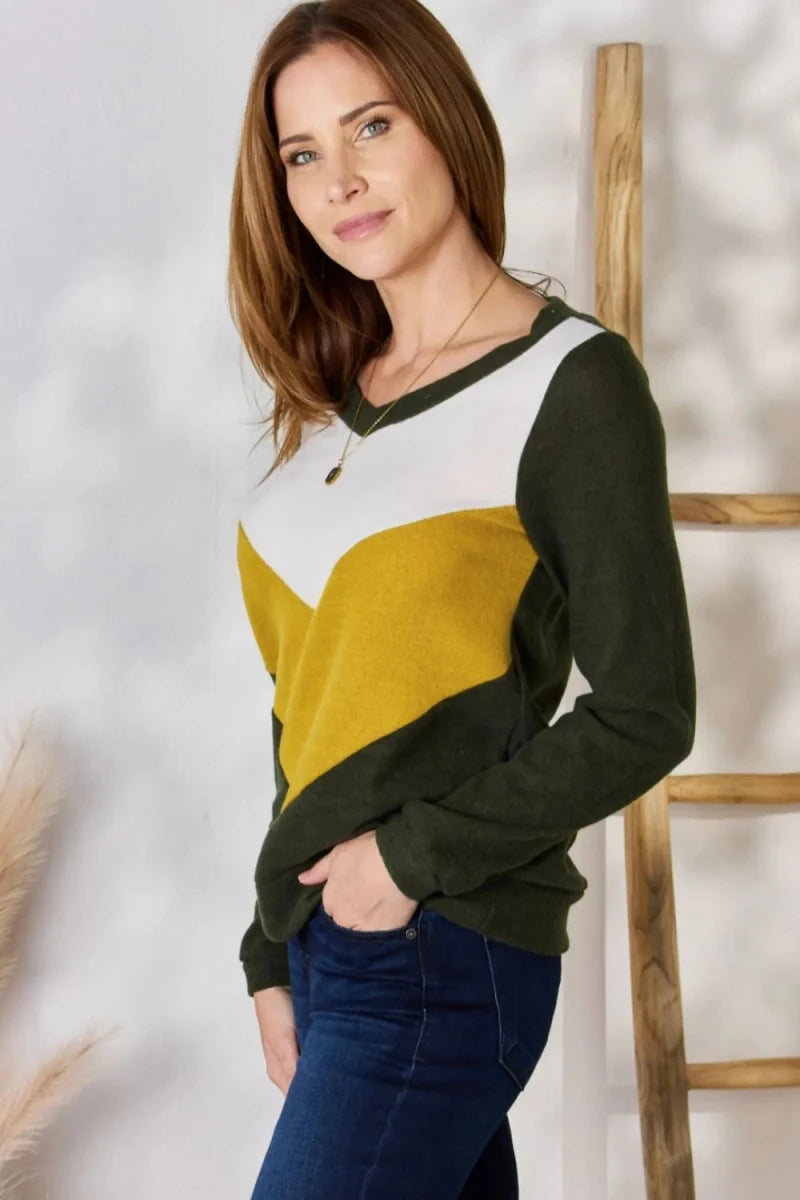 Colorblock V - Neck Blouse with Stretch - 