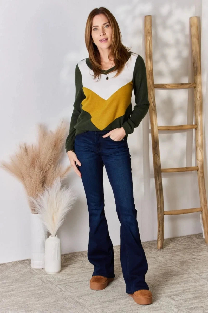 Colorblock V - Neck Blouse with Stretch - 
