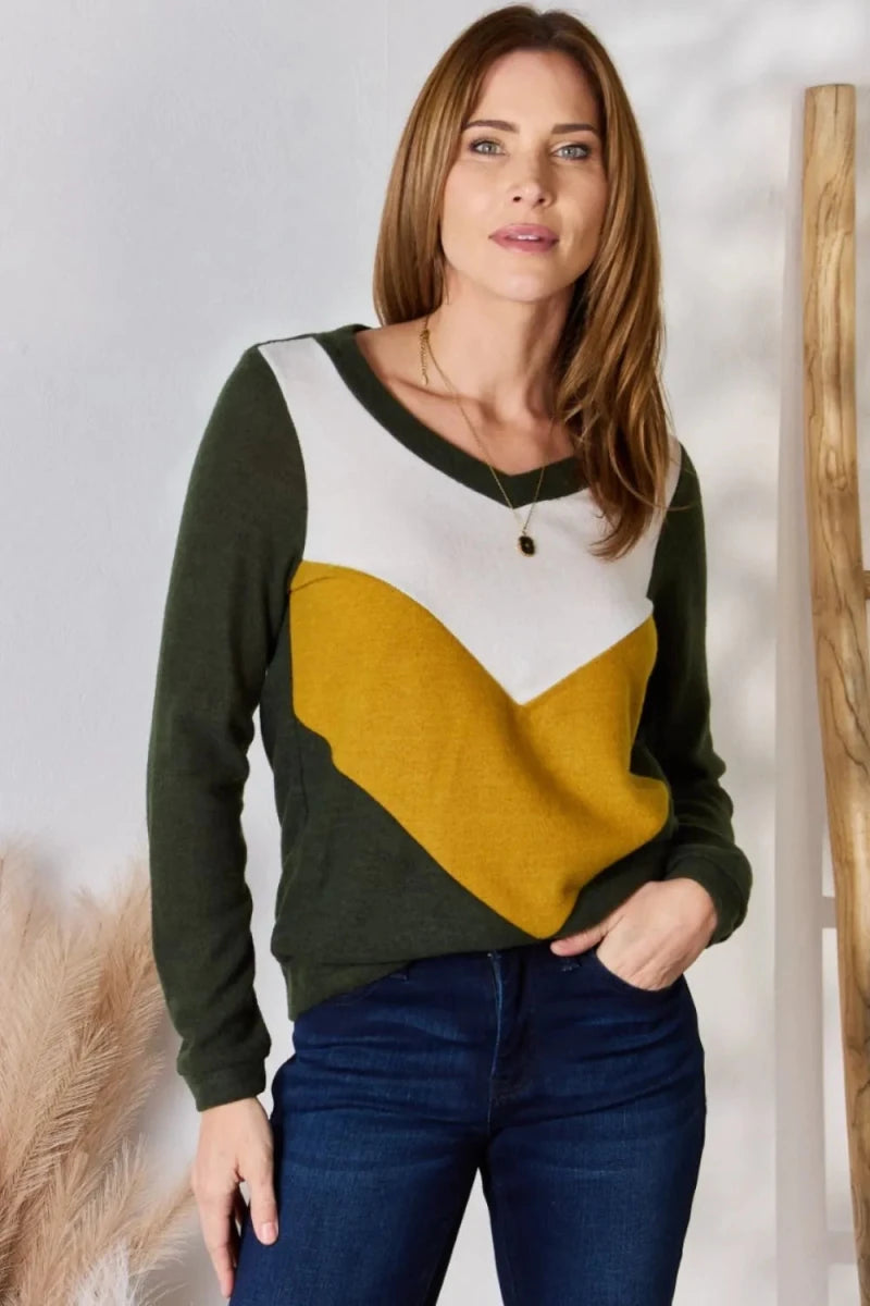 Colorblock V - Neck Blouse with Stretch - 