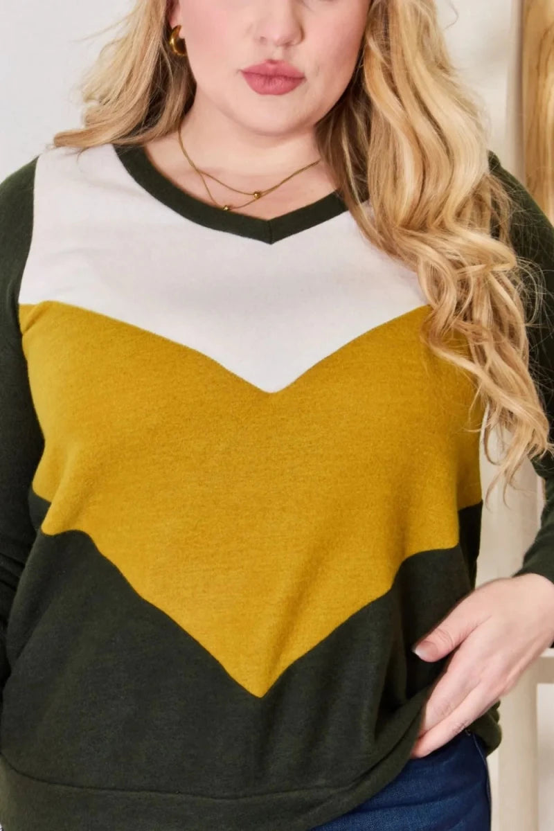 Colorblock V - Neck Blouse with Stretch - 