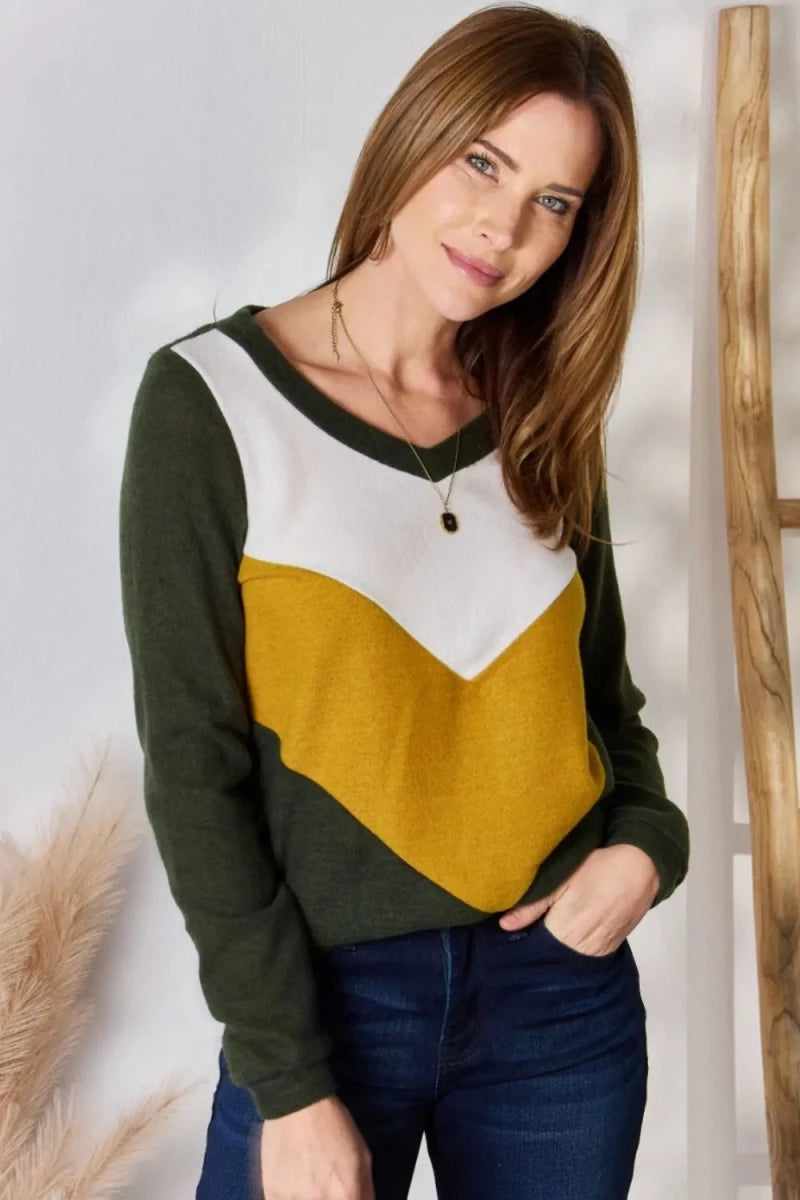 Colorblock V - Neck Blouse with Stretch - 