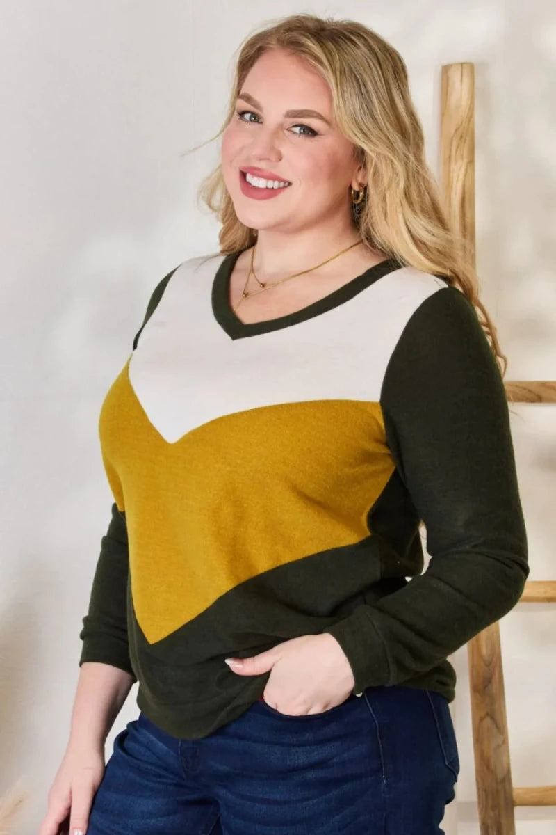 Colorblock V - Neck Blouse with Stretch - 