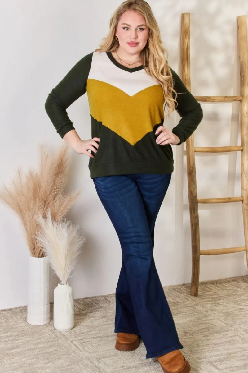 Colorblock V - Neck Blouse with Stretch - 