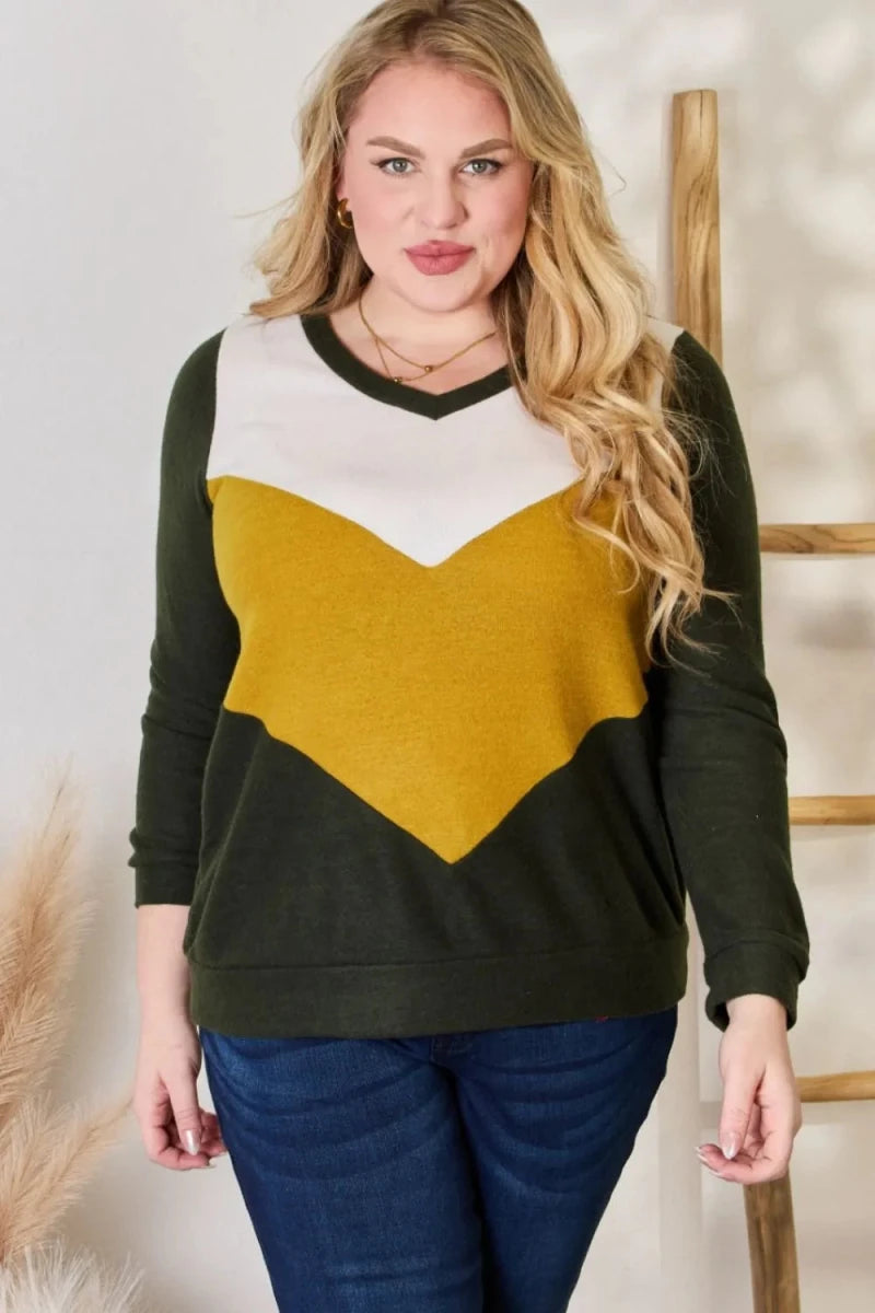 Colorblock V - Neck Blouse with Stretch - 