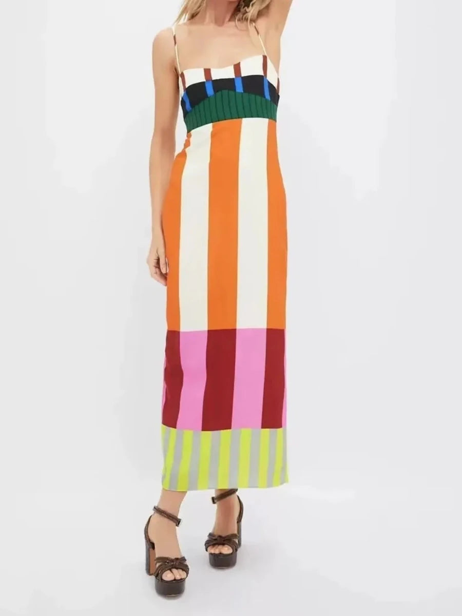 Colorful Stripe Square Neck Cami Dress - 