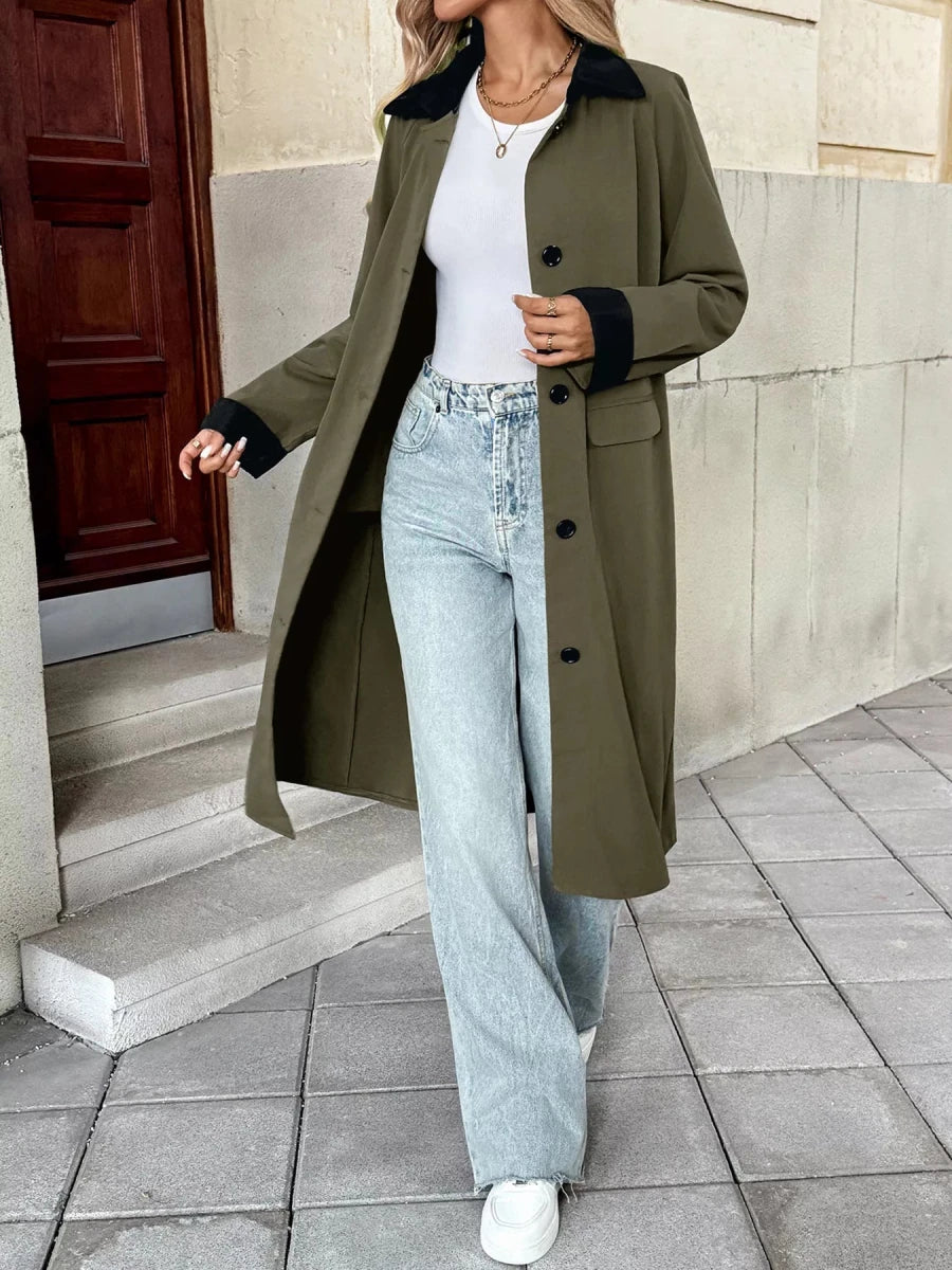 Contrast Collar Button Up Coat - 