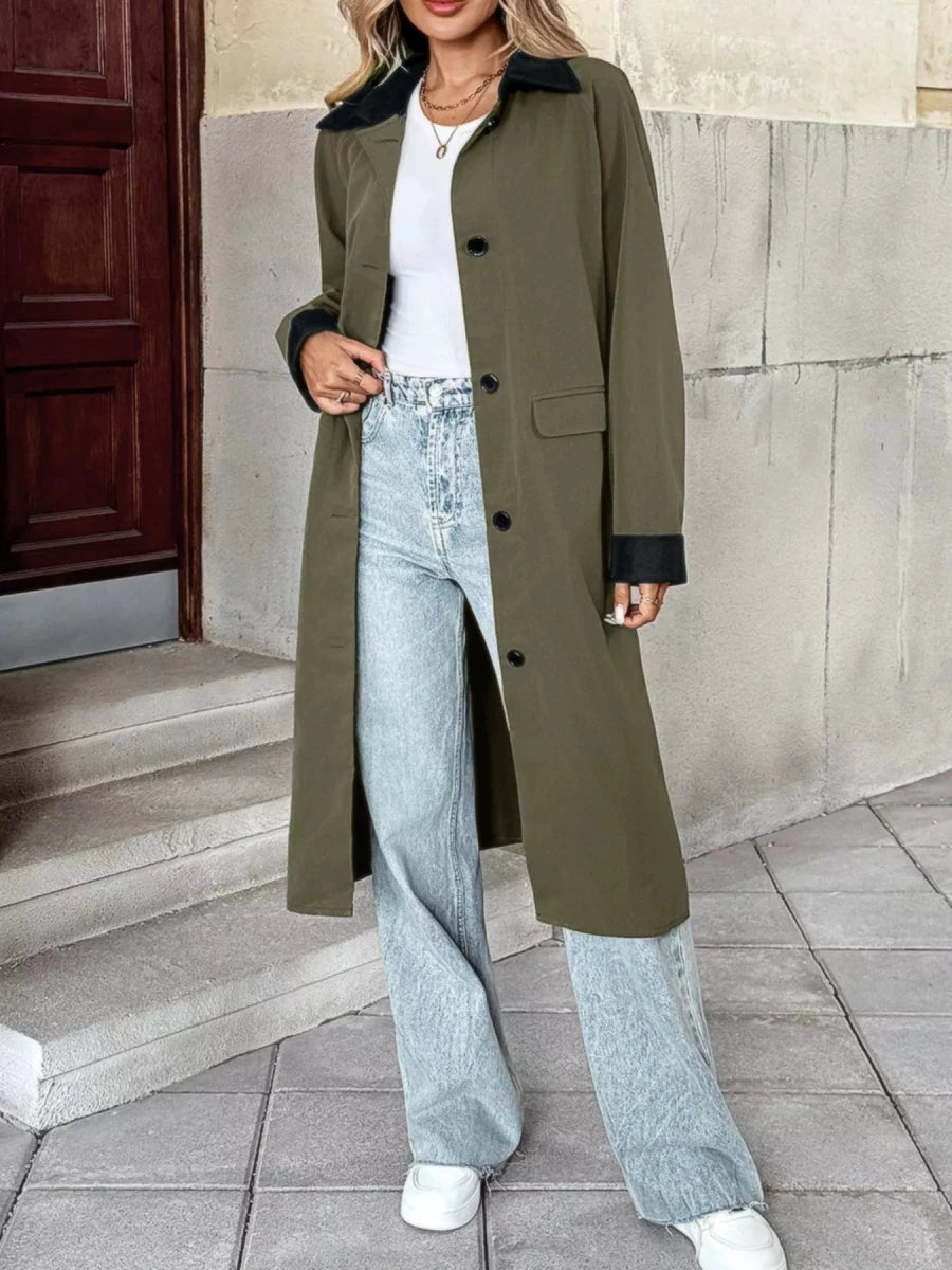 Contrast Collar Button Up Coat - 
