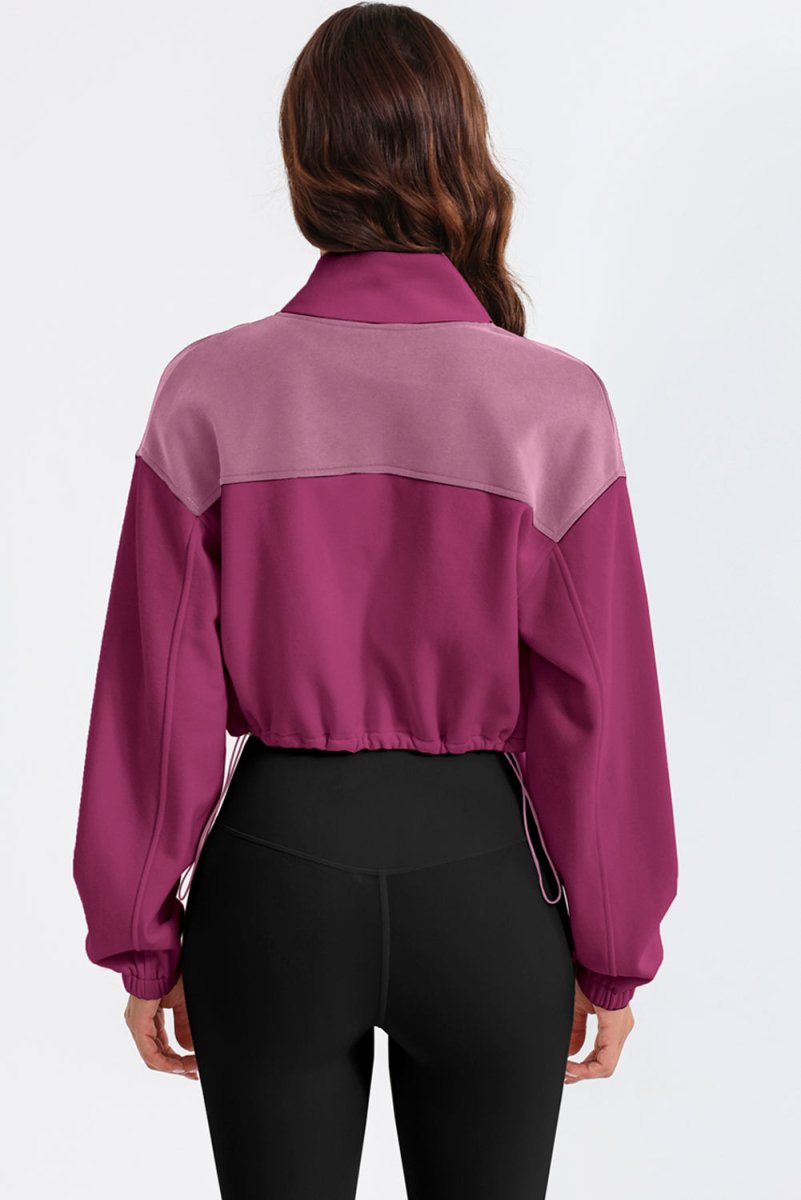 Contrast Drawstring Zip Up Jacket - Outerwear