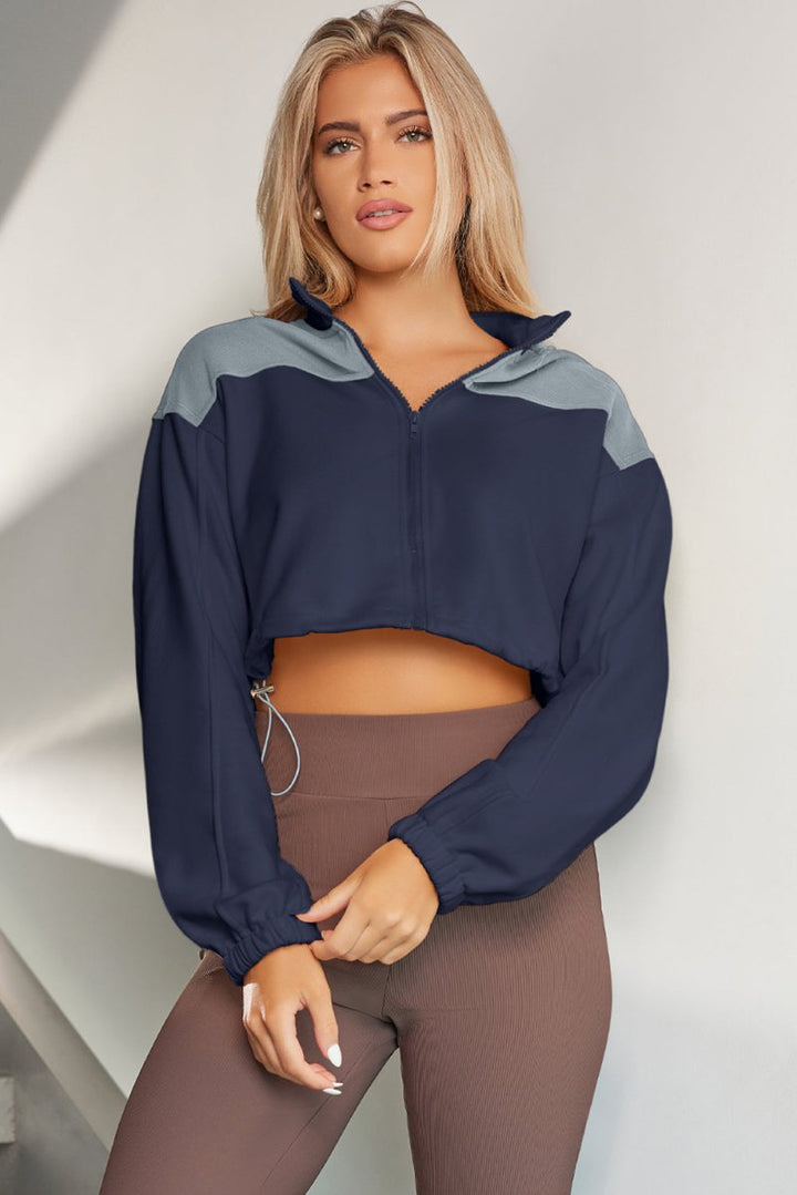 Contrast Drawstring Zip Up Jacket - Outerwear