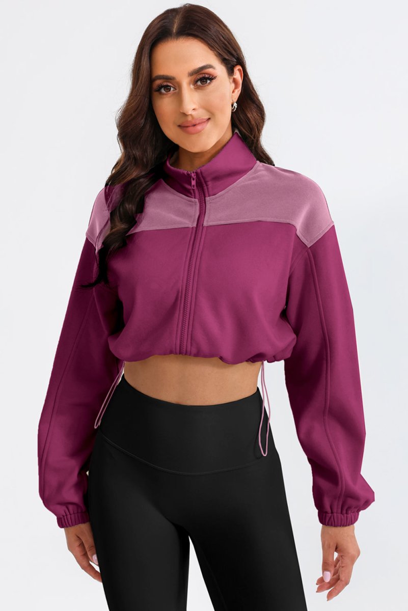 Contrast Drawstring Zip Up Jacket - Outerwear
