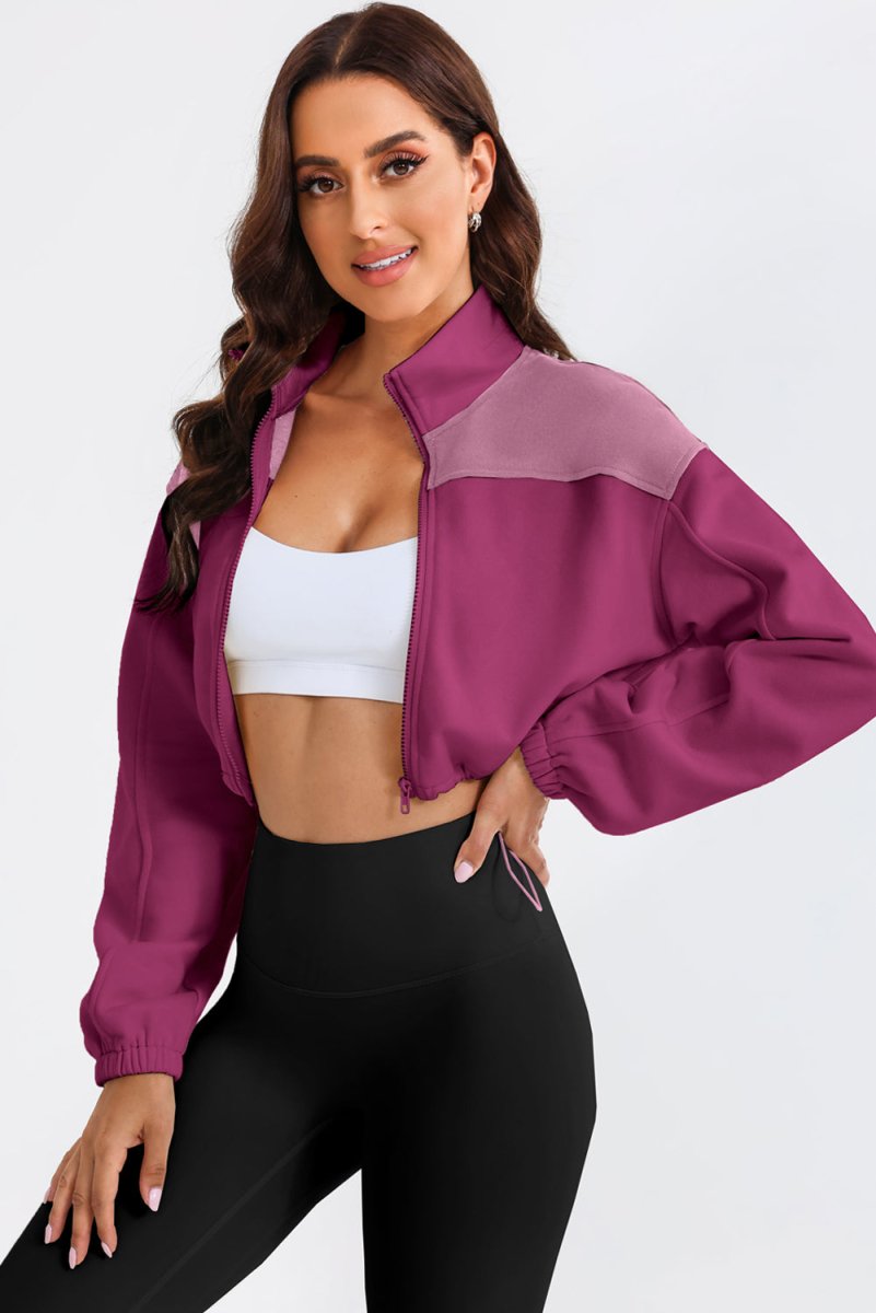 Contrast Drawstring Zip Up Jacket - Outerwear