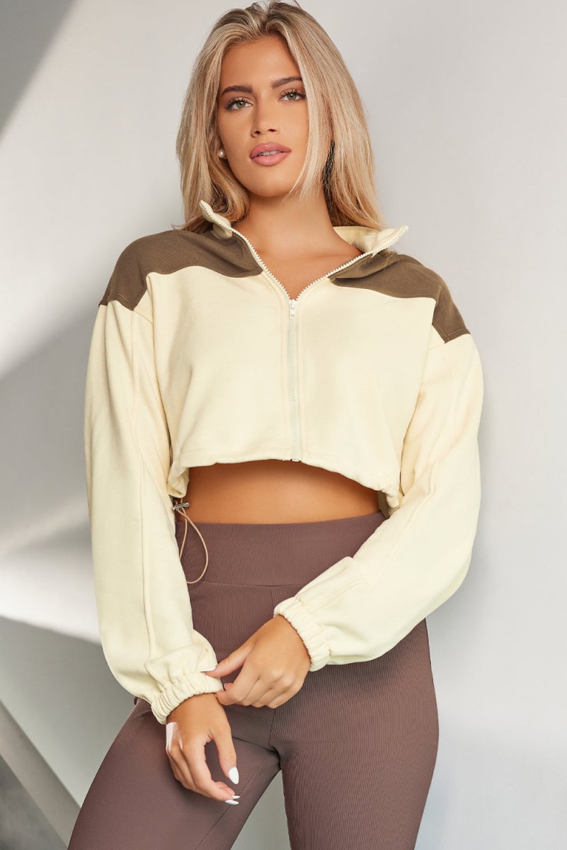 Contrast Drawstring Zip Up Jacket - Outerwear