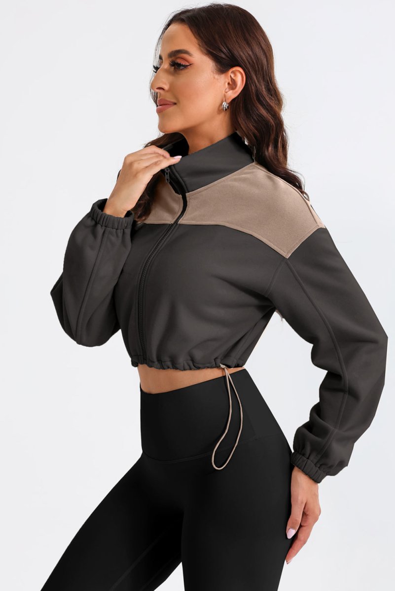 Contrast Drawstring Zip Up Jacket - Outerwear