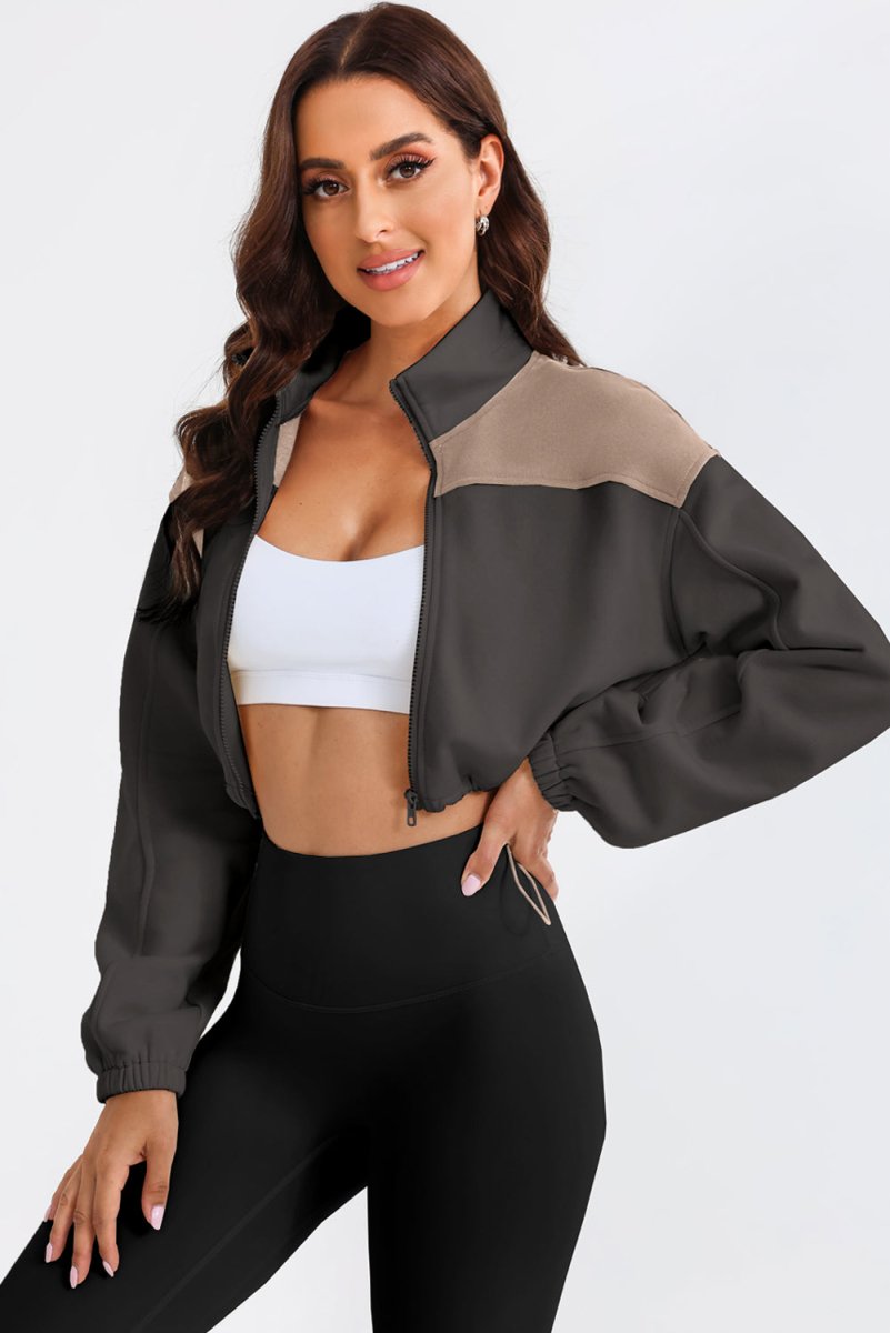 Contrast Drawstring Zip Up Jacket - Outerwear