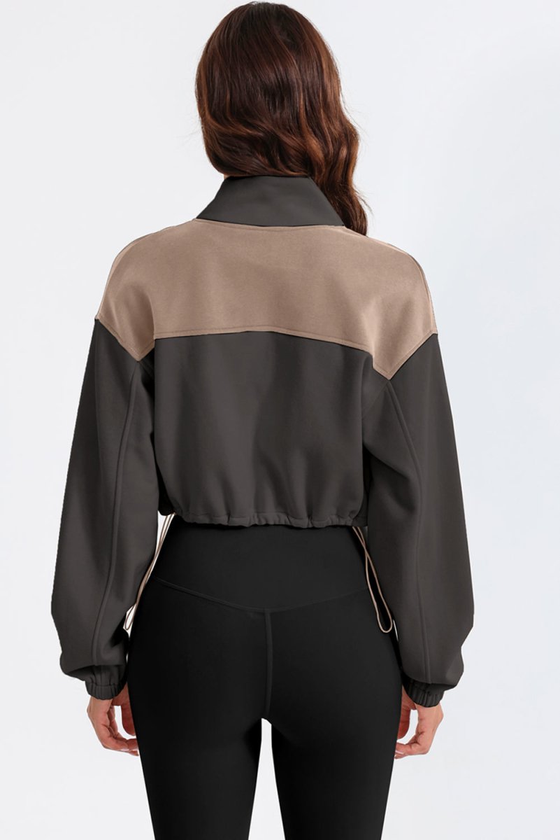 Contrast Drawstring Zip Up Jacket - Outerwear