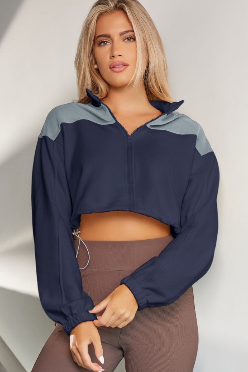 Contrast Drawstring Zip Up Jacket - Outerwear