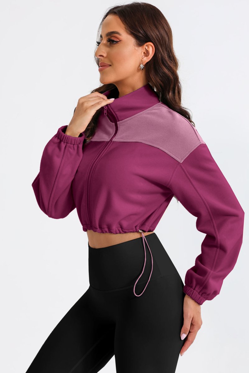 Contrast Drawstring Zip Up Jacket - Outerwear