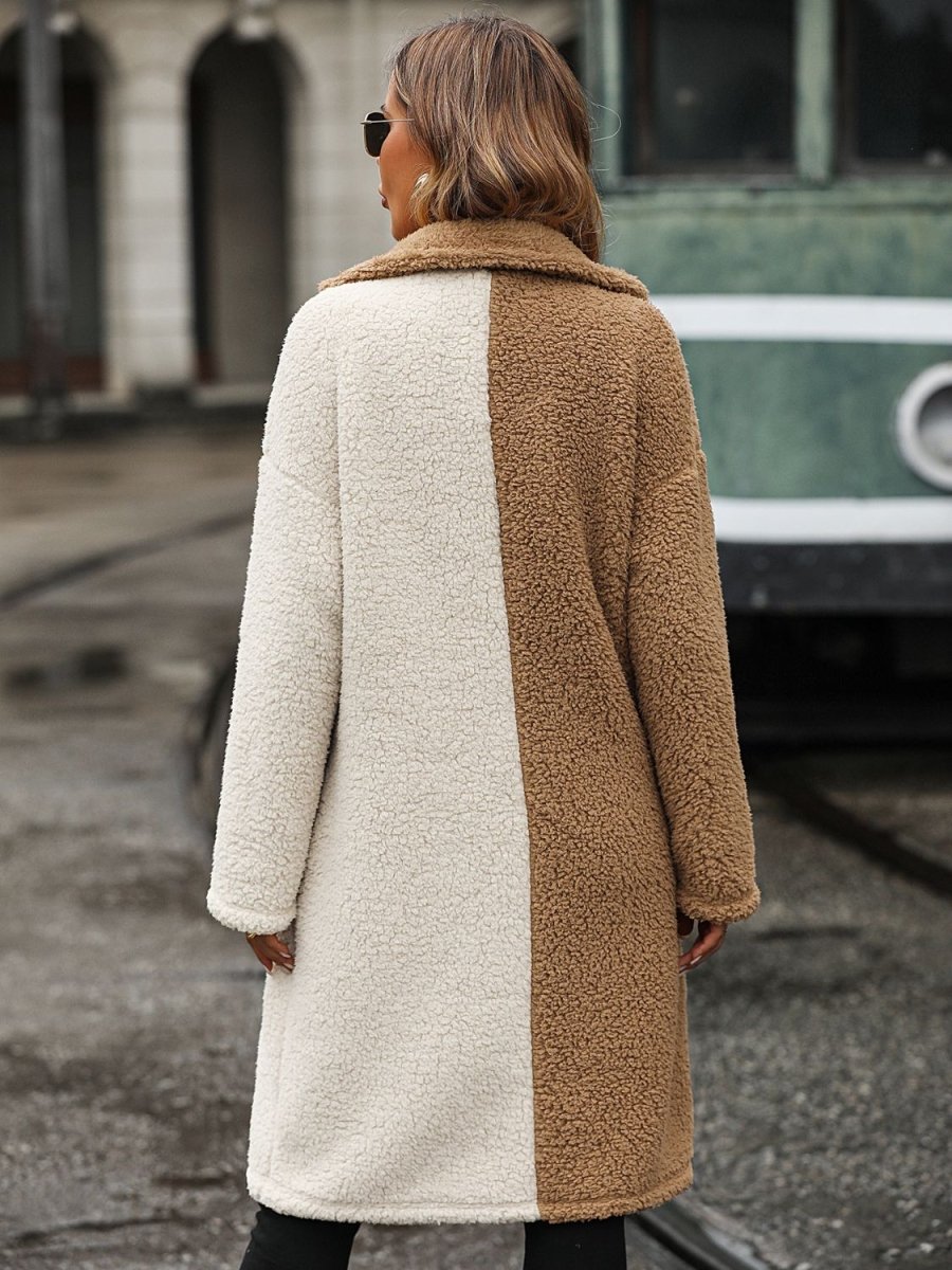 Contrast Dropped Shoulder Sherpa Coat - Outerwear