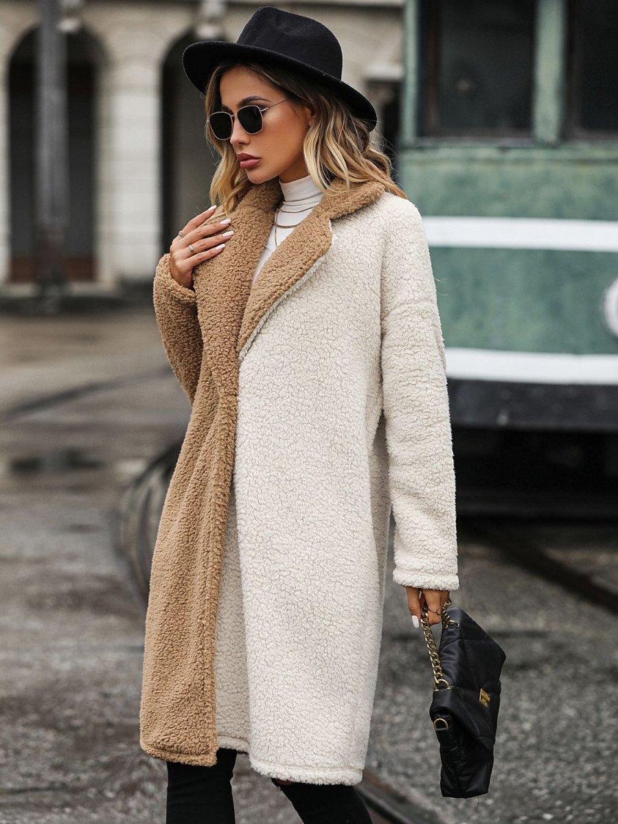 Contrast Dropped Shoulder Sherpa Coat - Outerwear