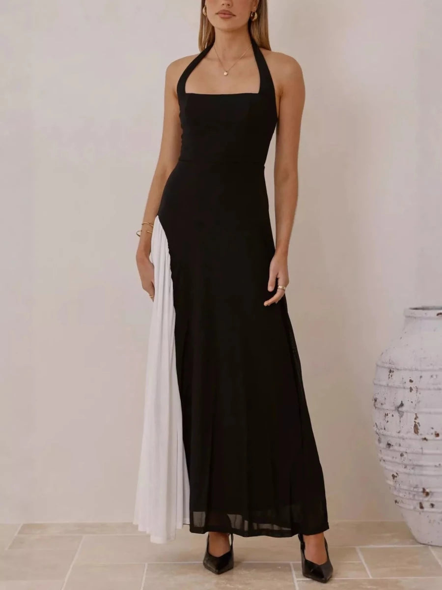 Contrast Halter Neck Maxi Dress - 