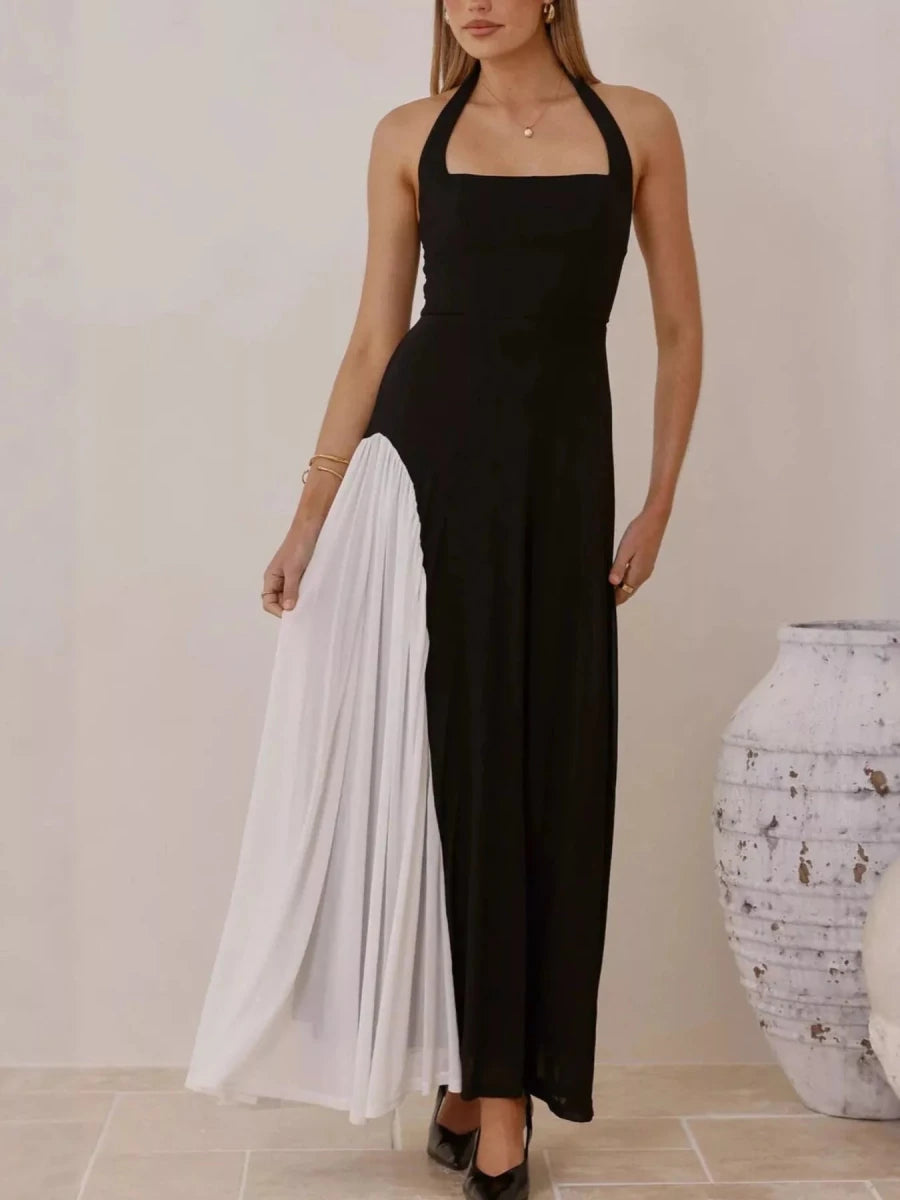 Contrast Halter Neck Maxi Dress - 