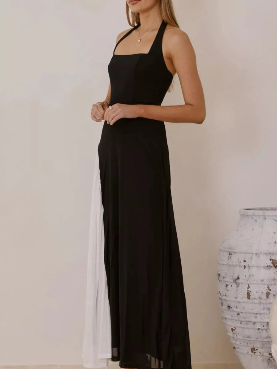 Contrast Halter Neck Maxi Dress - 