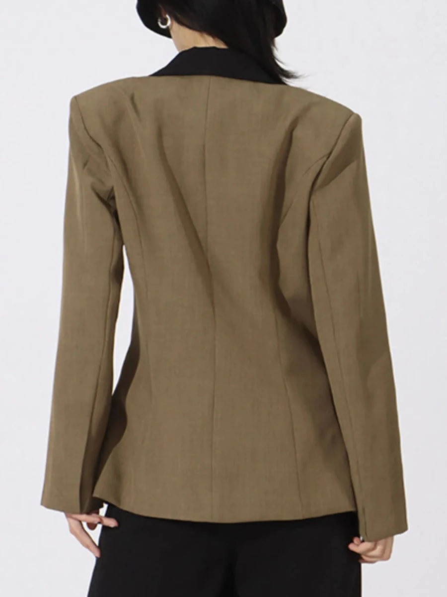 Contrast Lapel Collar Long Sleeve Blazer - 