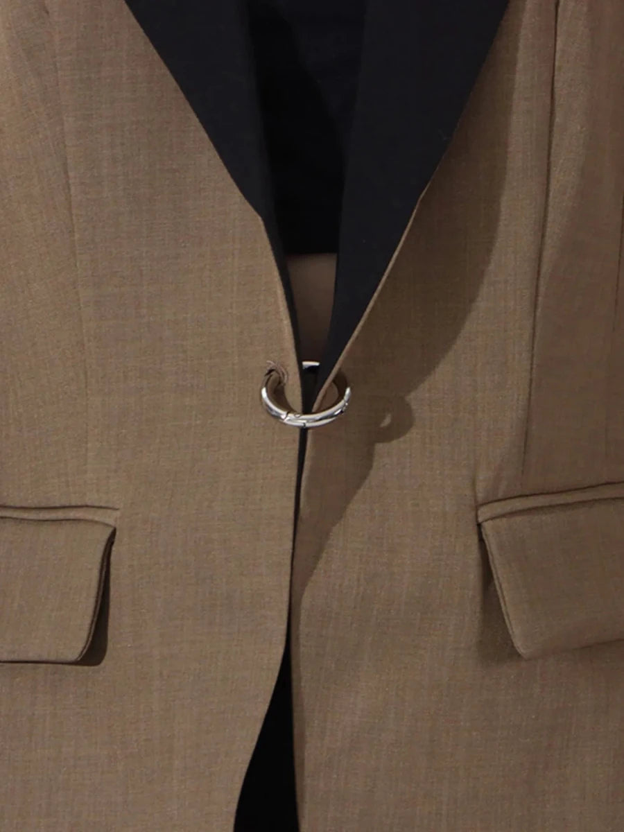 Contrast Lapel Collar Long Sleeve Blazer - 