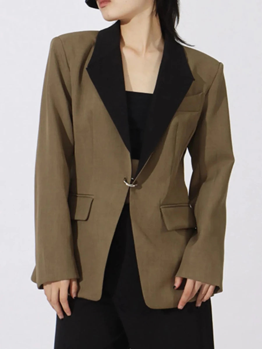 Contrast Lapel Collar Long Sleeve Blazer - 