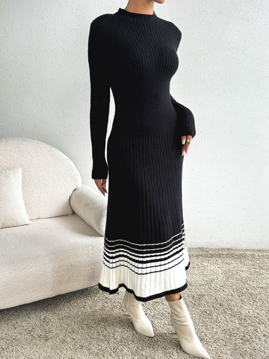 Contrast Mock Neck Long Sleeve Sweater Dress - Sweater Dress