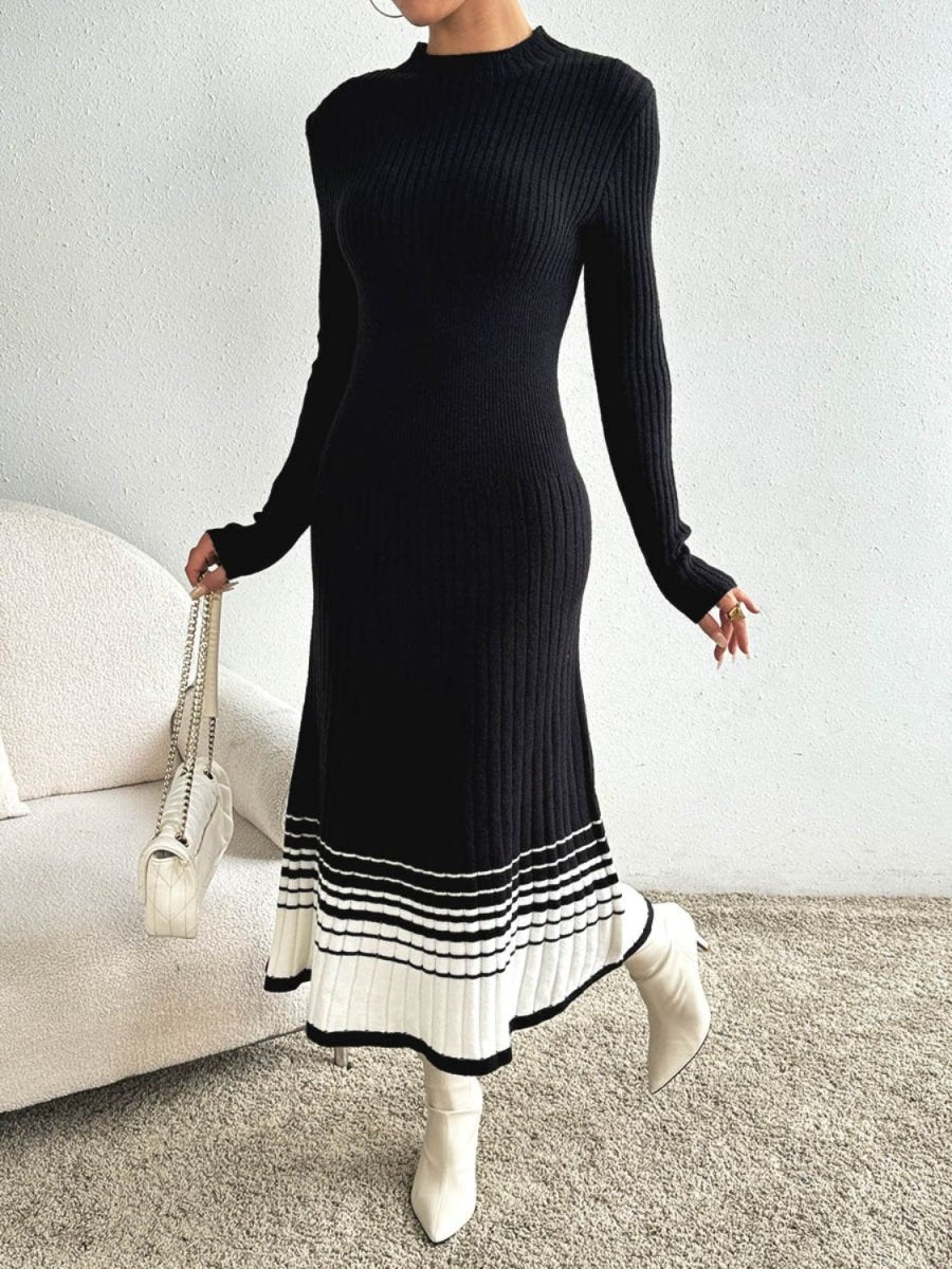 Contrast Mock Neck Long Sleeve Sweater Dress - Sweater Dress
