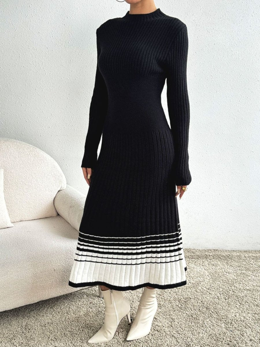 Contrast Mock Neck Long Sleeve Sweater Dress - Sweater Dress